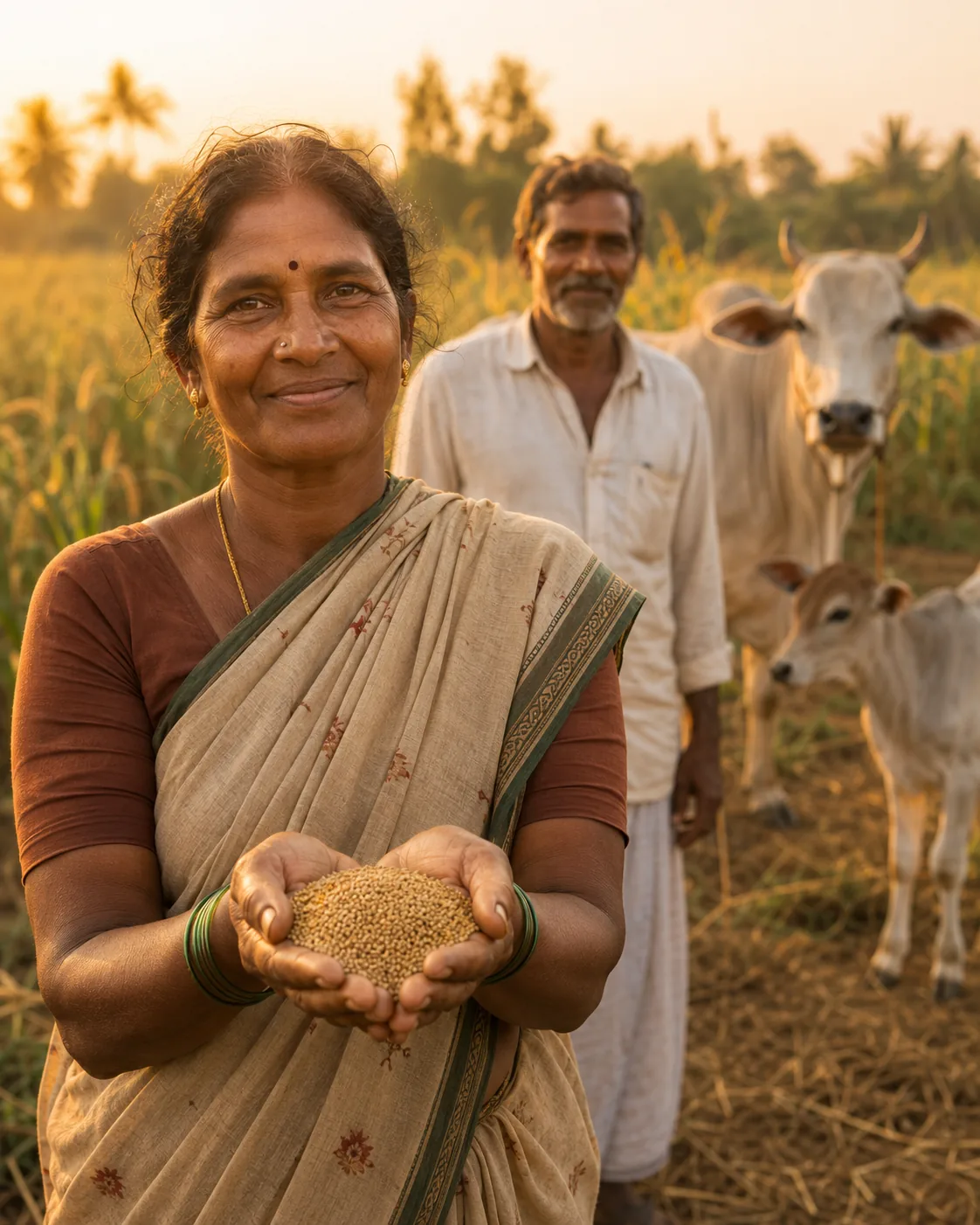 A Rythuvanam farmer partner in a sari holding freshly harvested millet in her cupped hands, her family and cattle in the field behind her at golden hour