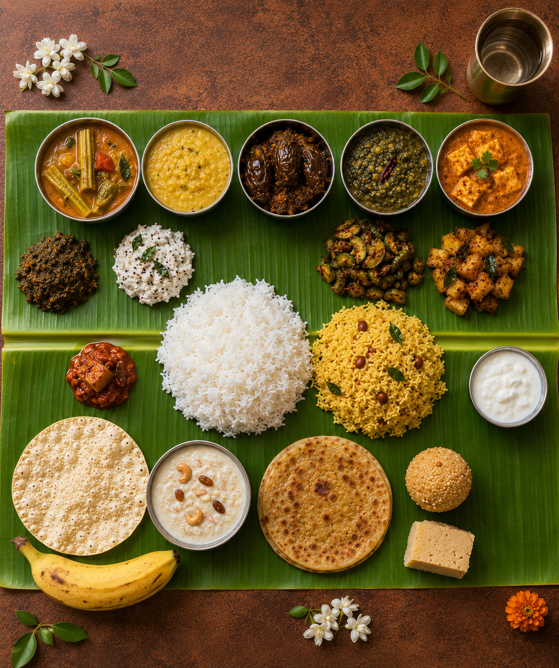 Overhead view of an Oo Batasari banana-leaf thali — mounds of rice and lemon rice ringed by sambar, dal, vegetable curries, podis, papad, payasam, sweets and a banana