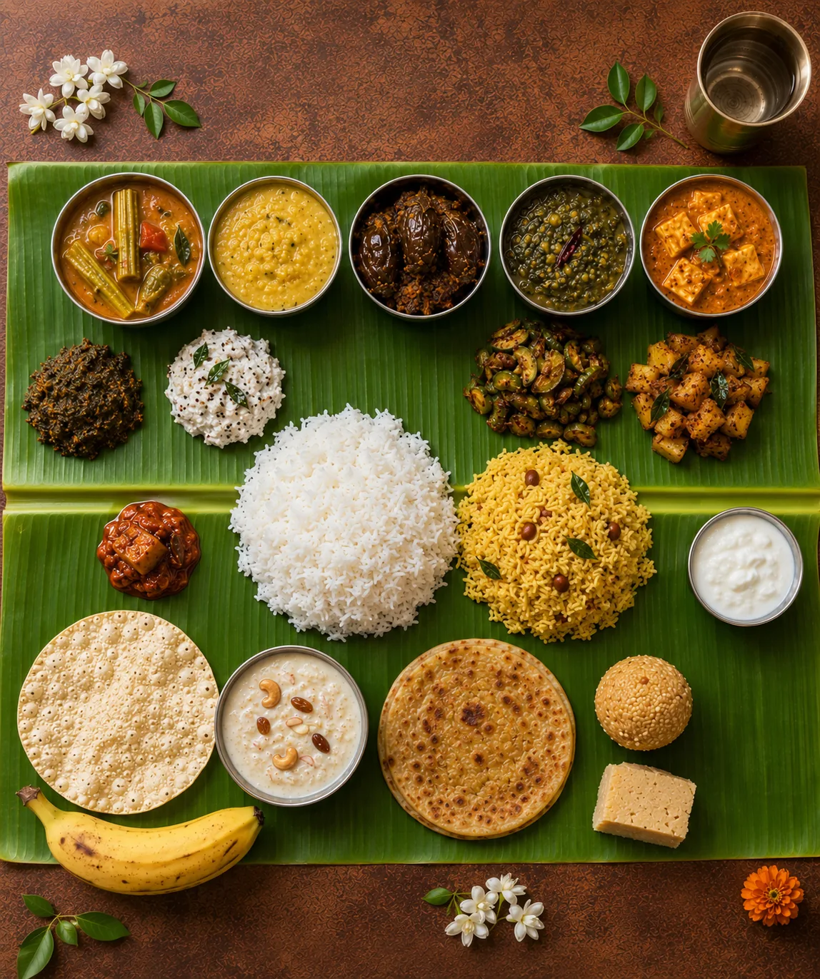 Overhead view of an Oo Batasari banana-leaf thali: mounds of rice and lemon rice ringed by sambar, dal, vegetable curries, podis, papad, payasam, sweets and a banana