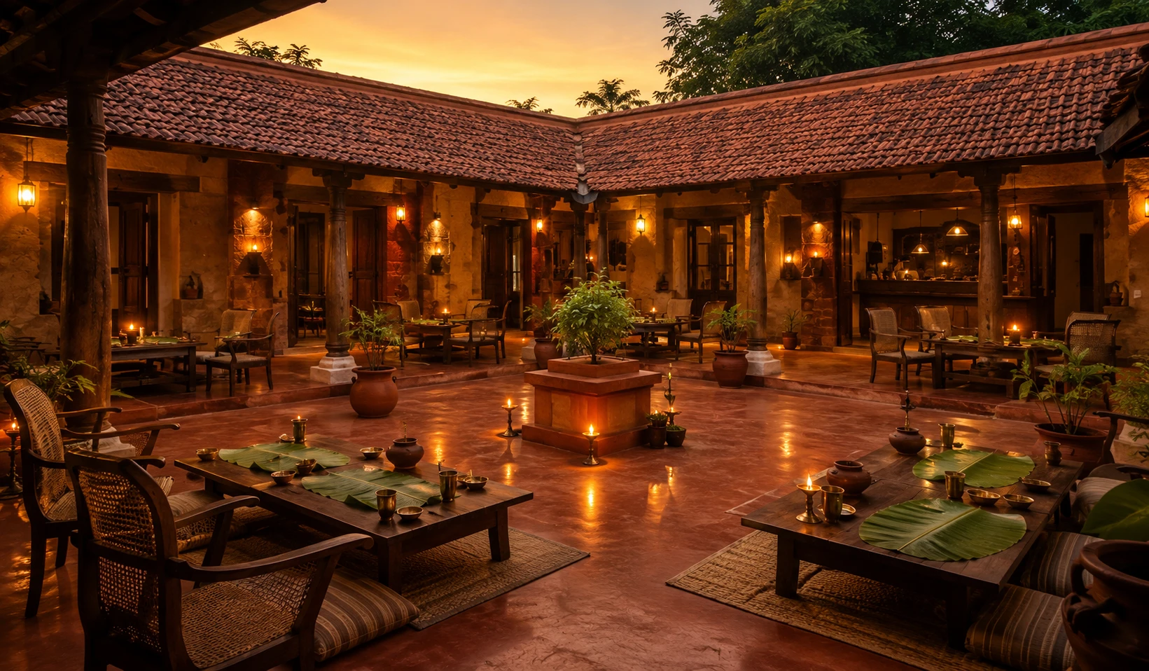 The Oo Batasari courtyard at golden hour: a tiled-roof manduva veranda with low banana-leaf tables, cane chairs, and clay lamps glowing into the dusk