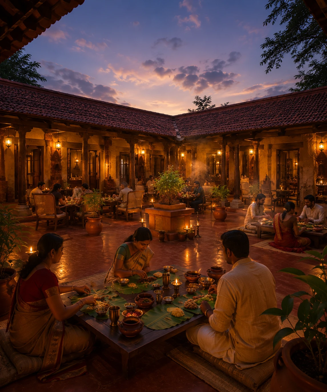 Guests seated at low tables on the red-oxide courtyard floor at dusk, eating off banana leaves by clay-lamp light, around the open nadumitti courtyard